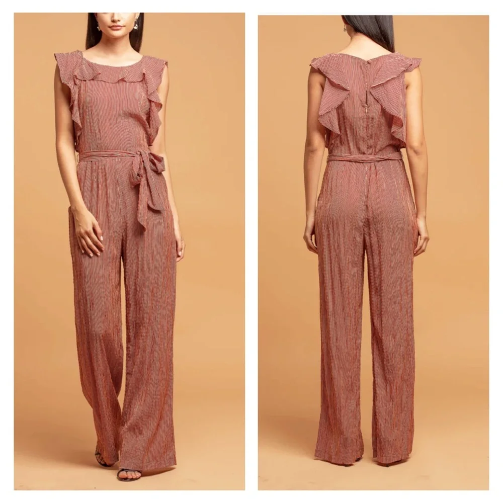 Anthropologie Eva Franco Ruffle Striped Jumpsuit in Terracotta Small Pockets - Picture 10 of 16